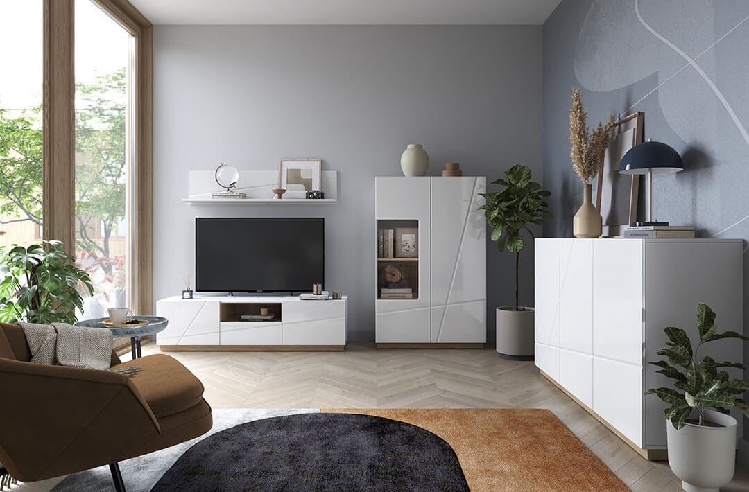 Vitrina din pal, cu 2 usi si LED inclus, Futura 05 Medium Alb / Stejar Riviera, l90xA41xH141 cm (2)